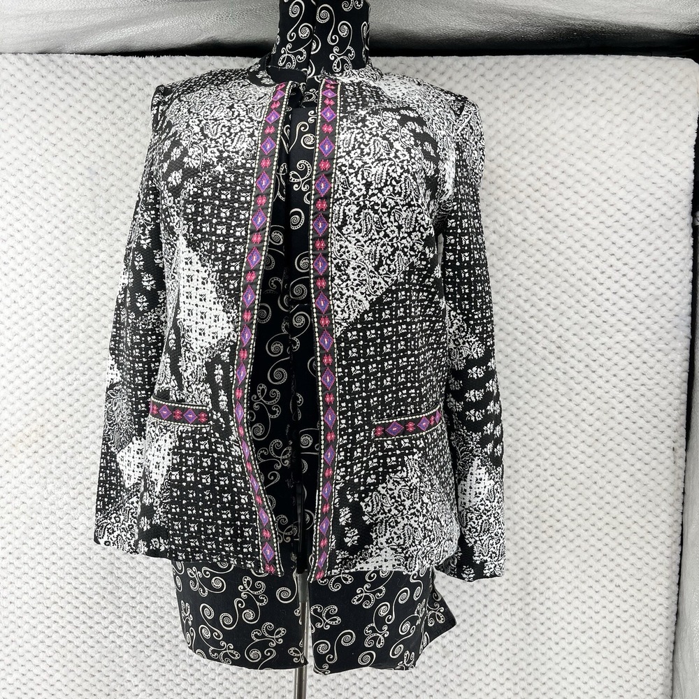 Indikka New York Open Front Jacket Black White‎ Print Career Casual Textured M